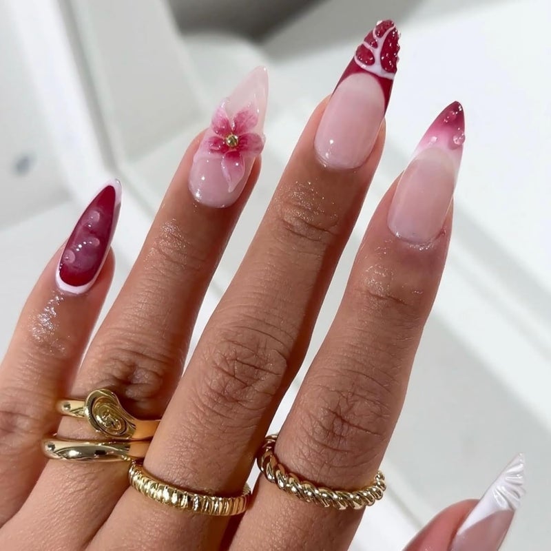 SEENEEY Long Press on Nails Almond Fake Nails Red Artificial Nail Pink Flowers Designs Stick on Nail for Women 24pcs - Image 3